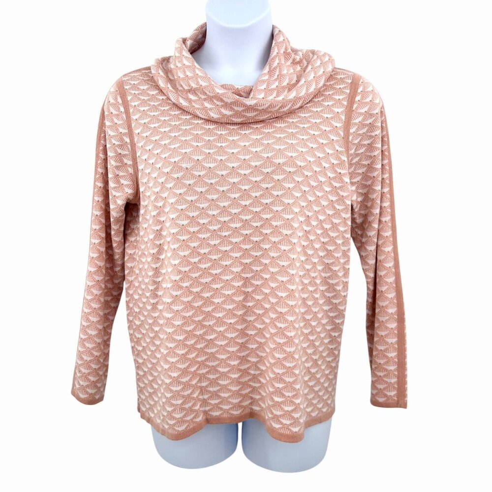 CALVIN KLEIN PEACH & WHITE GEOMETRIC KNIT COWL NECK SWEATER - L
